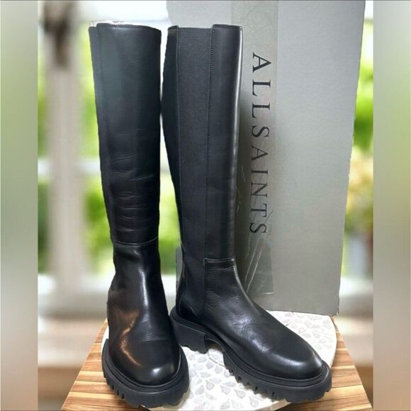 AllSaints Maeve Black Leather Knee High Boots Lug Sole Stretch Panel US 11 EU 41 - Picture 2 of 16